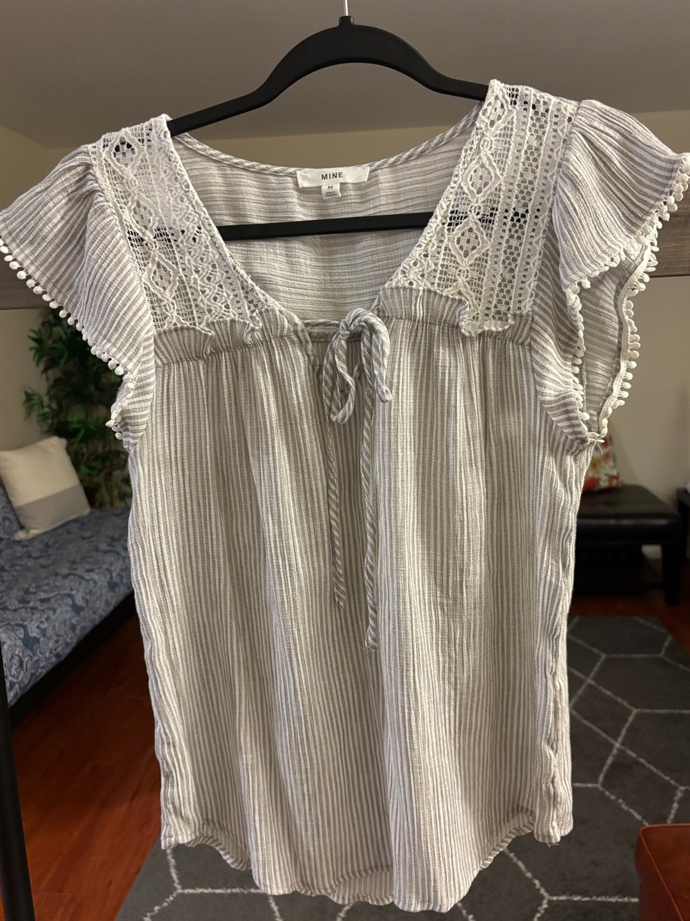 MINE Gray Striped Lace-Trim Tie-Front Cap Sleeve Top